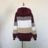 Autumn And Winter Warm Plush Patchwork Zipper Pocket Hooded Loose Coat For Women