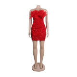 Sexy Feather Sequin Strapless Tight Fitting Slim Bodycon Dress