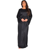 Women's Autumn And Winter Dress Round Neck Long Sleeve Loose Strappy Satin Maxi Dress