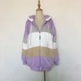 Autumn And Winter Warm Plush Patchwork Zipper Pocket Hooded Loose Coat For Women