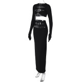 Women's Winter Fashion Sexy Hollow Crop Long Sleeve Top Slim Skirt Two Piece Set