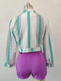 Women's Striped Digital Print Lace-Up Short Turndown Collar Shirt Shorts Two-Piece Set