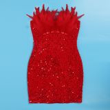 Sexy Feather Sequin Strapless Tight Fitting Slim Bodycon Dress