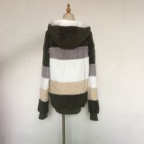 Autumn And Winter Warm Plush Patchwork Zipper Pocket Hooded Loose Coat For Women