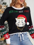 Women's Cute Kitten Embroidered Christmas Black Sweater Pullover Short Sweater