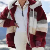 Autumn And Winter Warm Plush Patchwork Zipper Pocket Hooded Loose Coat For Women