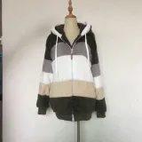 Autumn And Winter Warm Plush Patchwork Zipper Pocket Hooded Loose Coat For Women
