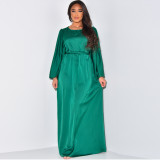 Women's Autumn And Winter Dress Round Neck Long Sleeve Loose Strappy Satin Maxi Dress
