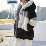 Autumn And Winter Warm Plush Patchwork Zipper Pocket Hooded Loose Coat For Women