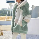 Autumn And Winter Warm Plush Patchwork Zipper Pocket Hooded Loose Coat For Women
