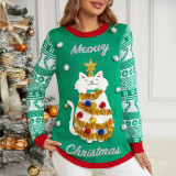 Autumn And Winter Jacquard Pullover Christmas Sweater Cartoon Kitten Embroidered Red Sweater