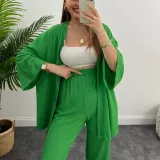 Women Solid long-sleeved shirt and pleated elastic waist trousers two-piece set