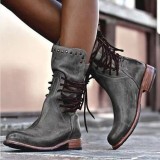 Women Knight Lace-Up thick heel mid-calf Roman boots