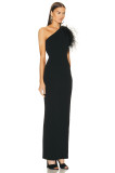 Women Elegant Slash Shoulder Sleeveless Ostrich Feather Bandage Maxi Dress Evening Dress
