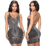 Women Sexy Suspender Beaded Backless Bodycon Dress