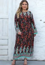 Plus Size Women Casual Long Sleeve Printed Bohemian Dress