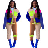 Women contrast color long-sleeved jacket and pant two-piece set