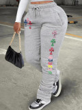Women Sports Casual Printed Drawstring Pocket Stacked Pant