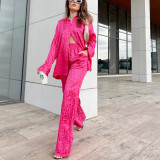 Women leopard print jacquard long-sleeved shirt and elastic waist loose trousers two-piece set