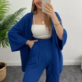 Women Solid long-sleeved shirt and pleated elastic waist trousers two-piece set
