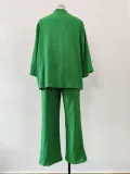 Women Solid long-sleeved shirt and pleated elastic waist trousers two-piece set