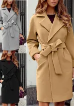 Women Belt Turndown Collar Coat