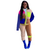 Women contrast color long-sleeved jacket and pant two-piece set