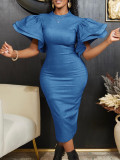Plus Size African Women Autumn and Winter Solid Bell Bottom Sleeve Denim Bodycon Dress