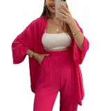 Women Solid long-sleeved shirt and pleated elastic waist trousers two-piece set