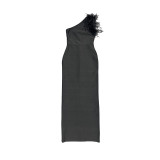 Women Elegant Slash Shoulder Sleeveless Ostrich Feather Bandage Maxi Dress Evening Dress