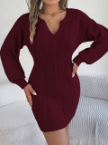 Women V-Neck Balloon Sleeve Bodycon Sweater Dress