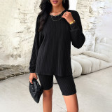 Women Autumn and Winter Casual Long Sleeve Top and Shorts Two-piece Set