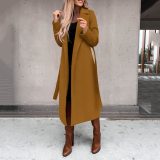 Women Solid Turndown Collar Long Sleeve Lace-Up Coat