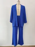 Women Solid long-sleeved shirt and pleated elastic waist trousers two-piece set