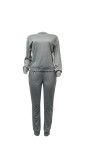 Women Casual Beading Round Neck Long Sleeve Top and Pant Two-piece Set