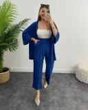 Women Solid long-sleeved shirt and pleated elastic waist trousers two-piece set