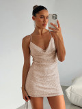 Women Sequins Strap Backless Sexy Solid Bodycon Dress
