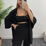Women Solid long-sleeved shirt and pleated elastic waist trousers two-piece set