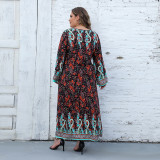 Plus Size Women Casual Long Sleeve Printed Bohemian Dress