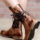 Women Knight Lace-Up thick heel mid-calf Roman boots