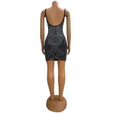 Women Sexy Suspender Beaded Backless Bodycon Dress