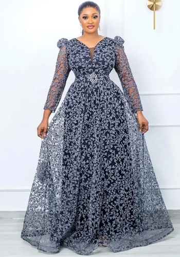 Plus Size Women Printed Mesh Elegant Maxi Dress