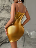 Women Sexy Solid Imitation Metal Ring Hollow Strap Dress