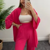 Women Solid long-sleeved shirt and pleated elastic waist trousers two-piece set