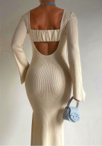 Autumn And Winter Shionable Low Back Round Neck Long-Sleeved Knitting Dress For Women