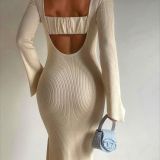 Autumn And Winter Shionable Low Back Round Neck Long-Sleeved Knitting Dress For Women