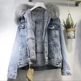 Women Winter Fur Collar Detachable Denim Plush Jacket