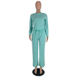 Solid Color Long Sleeve Pocket Straight Pants 2 Piece Set