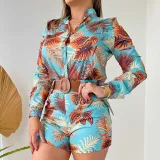 Women's Printed Long Sleeve Shirt Shorts Fashion Women's Two Piece Set