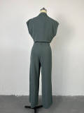 Women's Autumn Fashion Turndown Collar Pocket Short Sleeve Shirt Wide Leg Pants Casual Two Piece Set